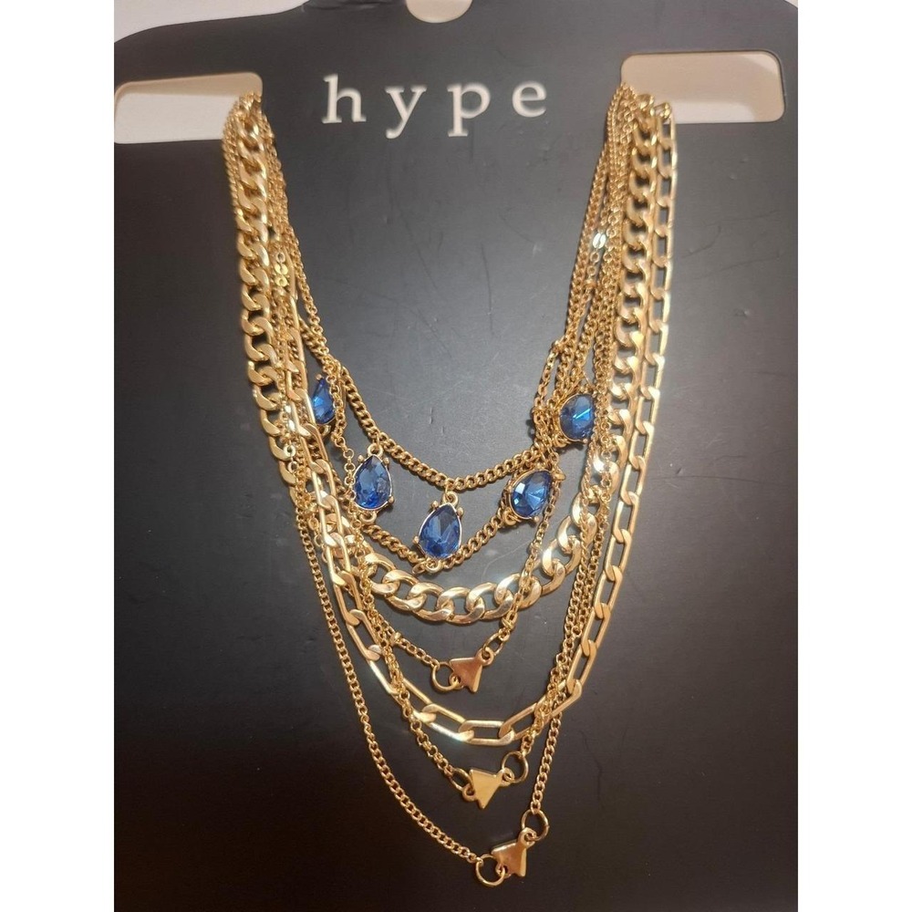 Hype Gold Tone Multi Strand Layered Statement Necklace Blue Teardrop Crystals
